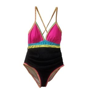 popvil Womens One Piece Swimsuit, Tummy Control, Neon, Tie Back, Medium, NWT